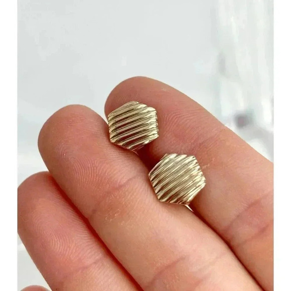 Dainty Tiny Gold Toned Hexagon Shaped Striped Textured Mini Stud Earrings - Picture 7 of 7